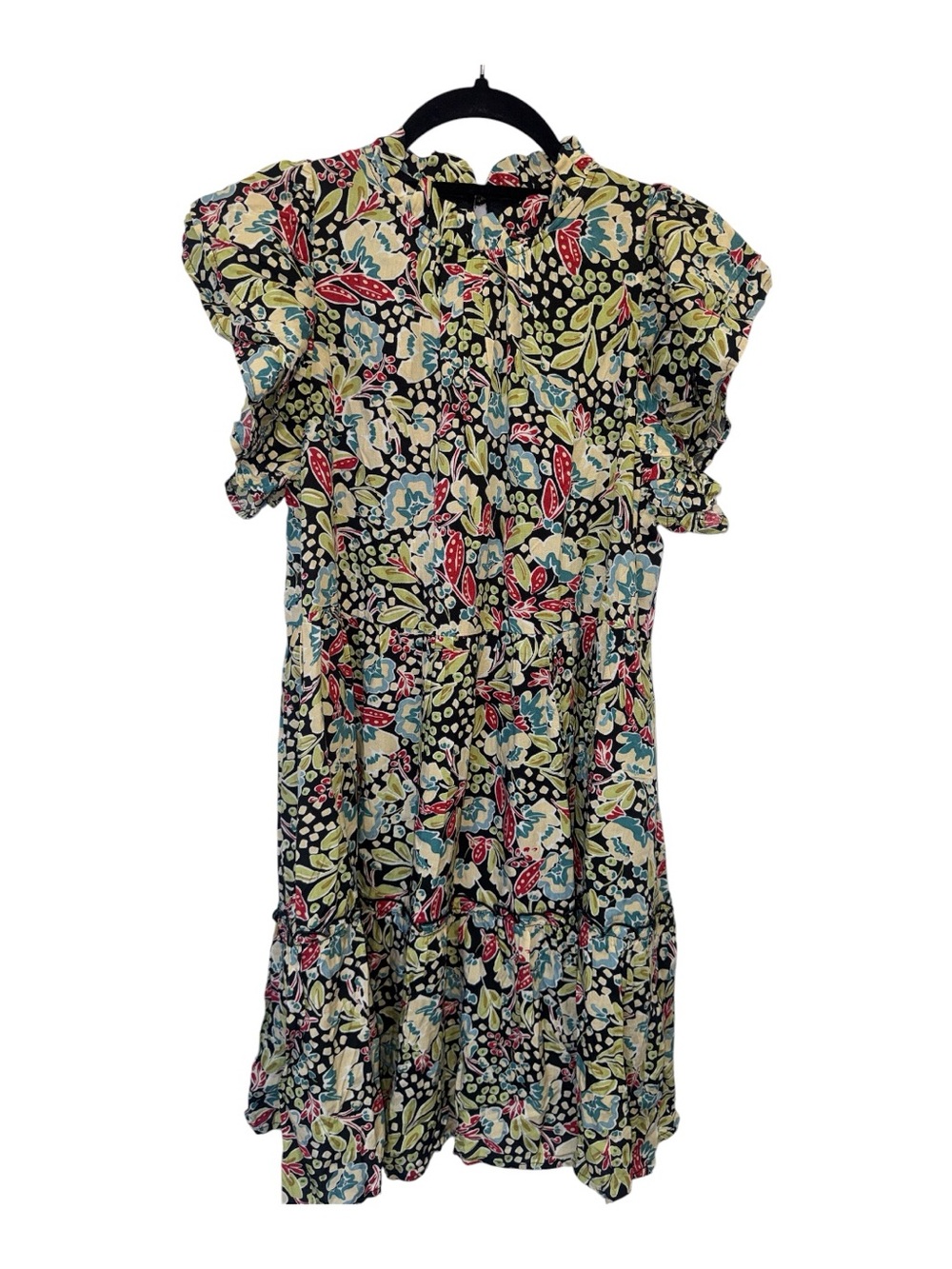 THML Black Floral Tie-Neck Midi Dress with Multicolor Botanicals